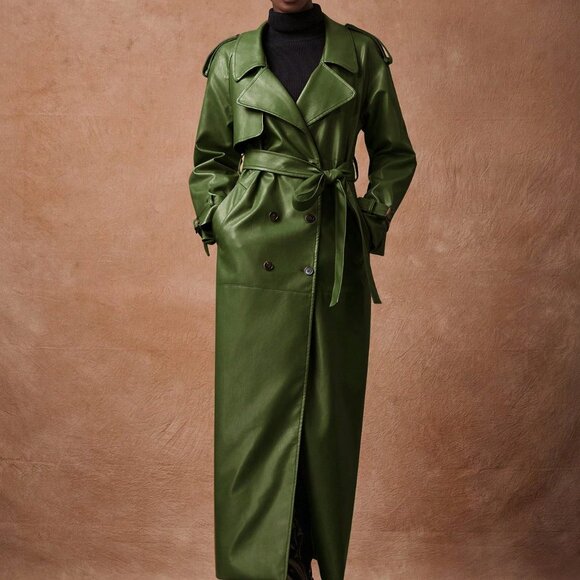 Green Elegant Women's Lapel Polyurethane faux leather Coat - Picture 7 of 8